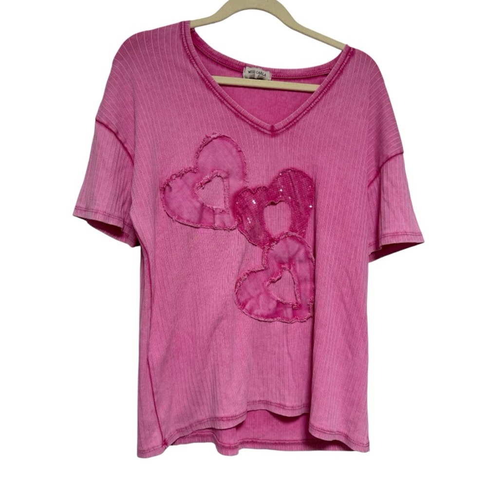 NWT Pink Heart Embellished V-Neck Top